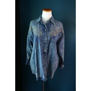 Vintage 80s 90s Acid Wash Denim Oversize Button Down Shirt Retro Bead Applique S